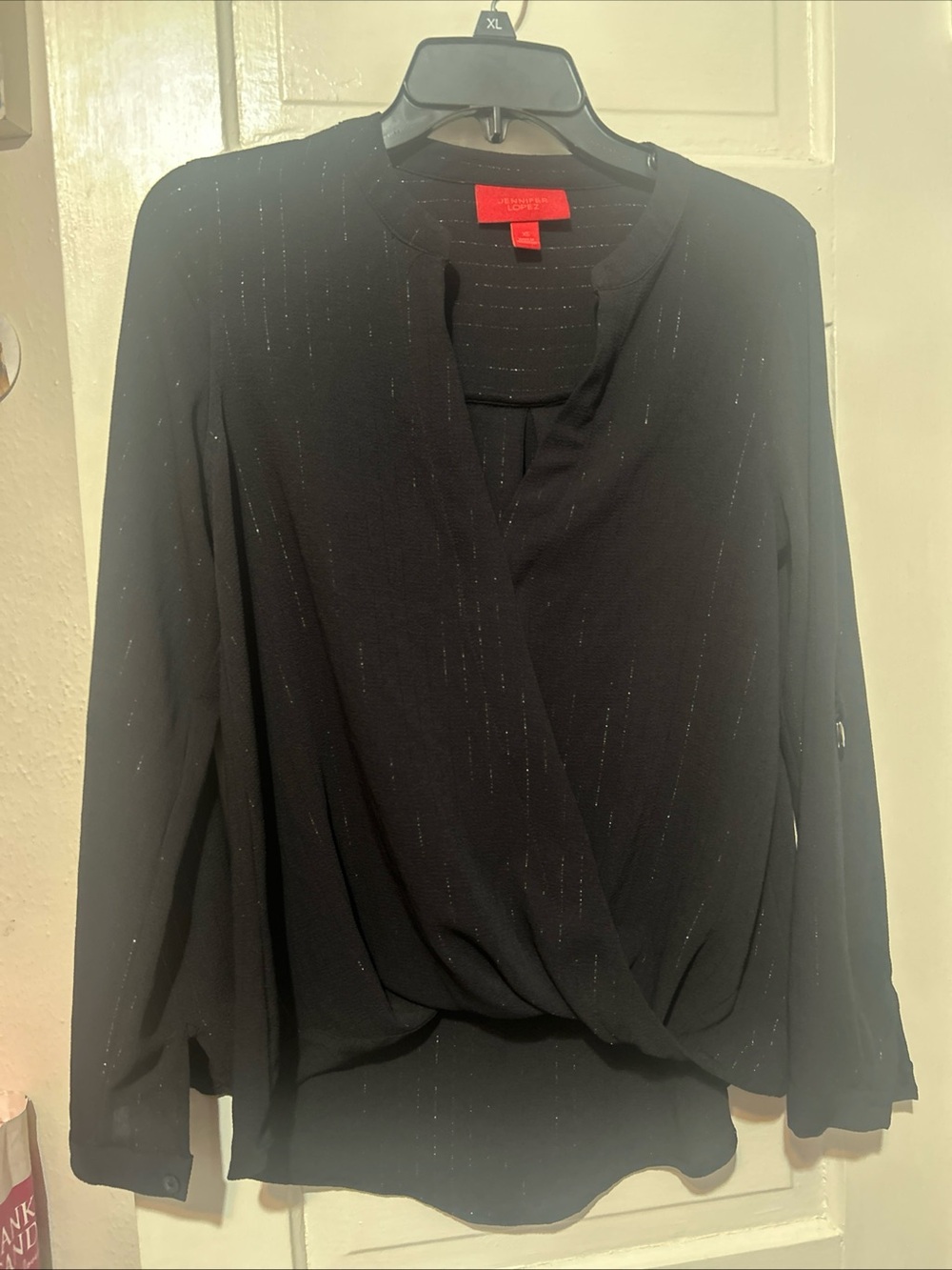 Jennifer Lopez Black Metallic-Thread Long-Sleeve Wrap Blouse